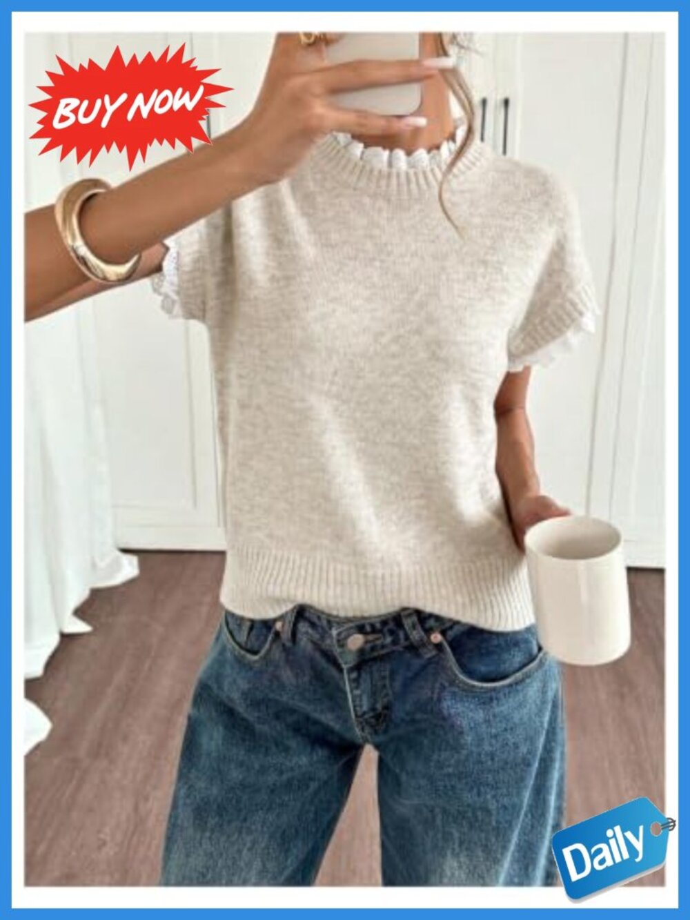 Lace Ruffle Hem Mock Neck Knit Pullover Sweater Vest Cap Sleeve - Picture 2 of 6